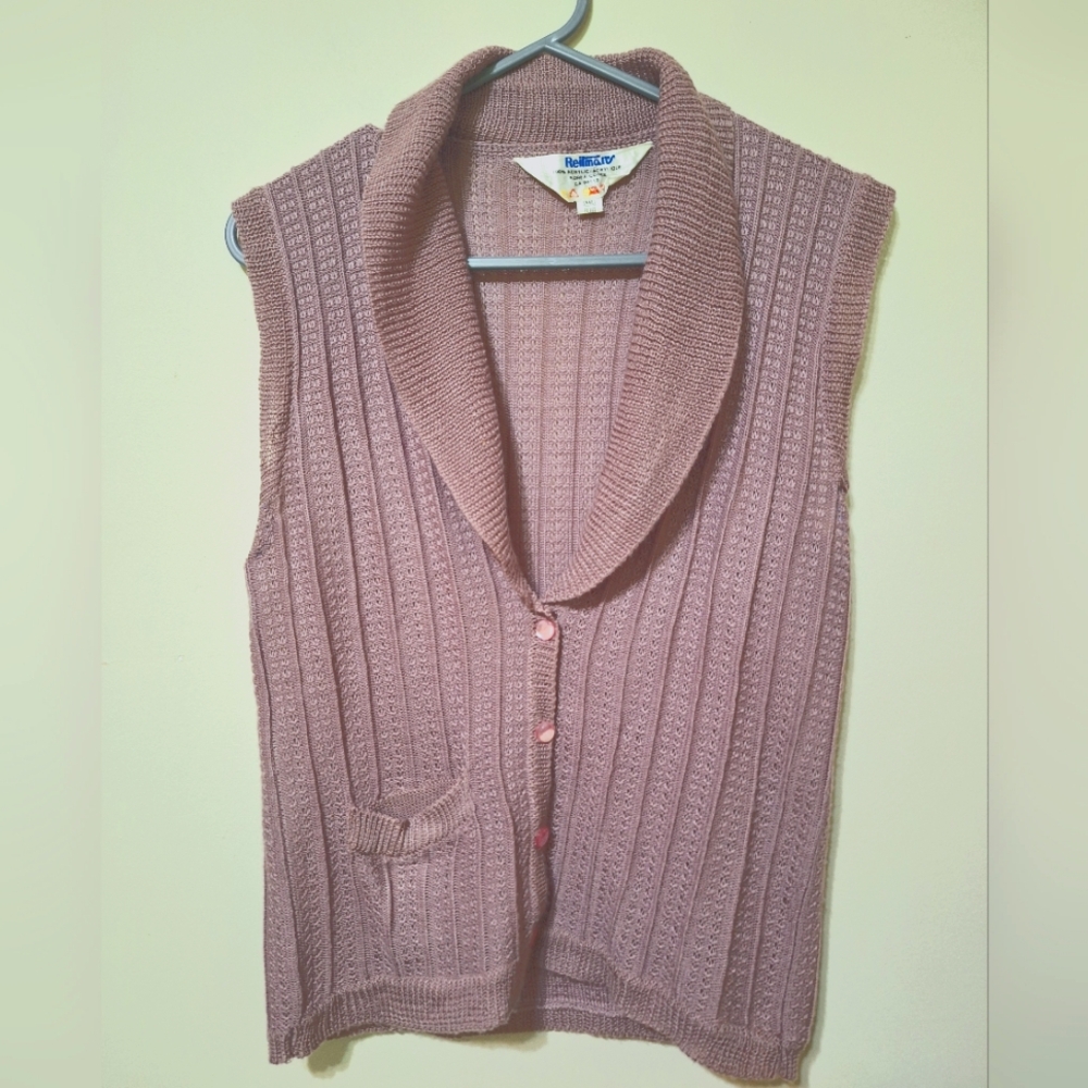 Vintage 70s Reitmans Pink Knit Shawl Collar Cardigan Vest Small Cottagecore